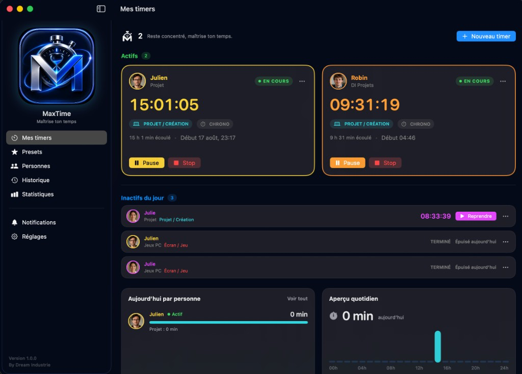 Capture MaxTime : timers actifs et historique du jour sur macOS