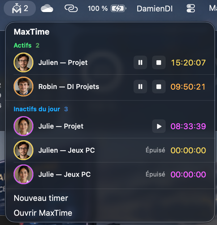 Capture MaxTime : accès rapide dans la barre de menu macOS