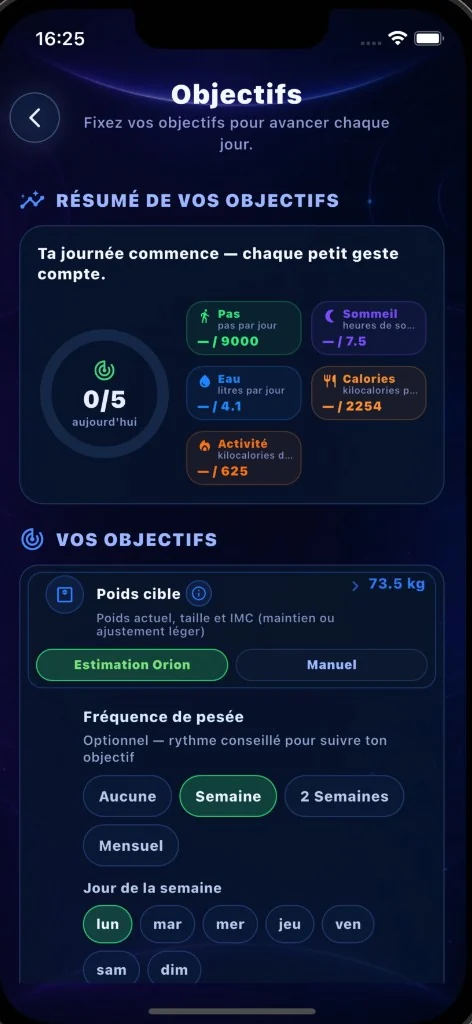 Écran Orion : objectifs du jour