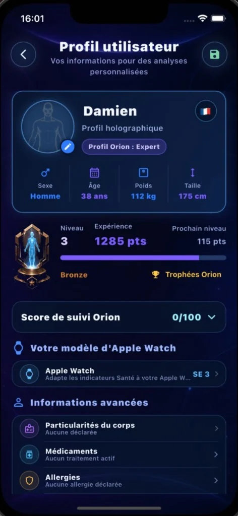 Écran Orion : profil utilisateur, niveau et informations santé