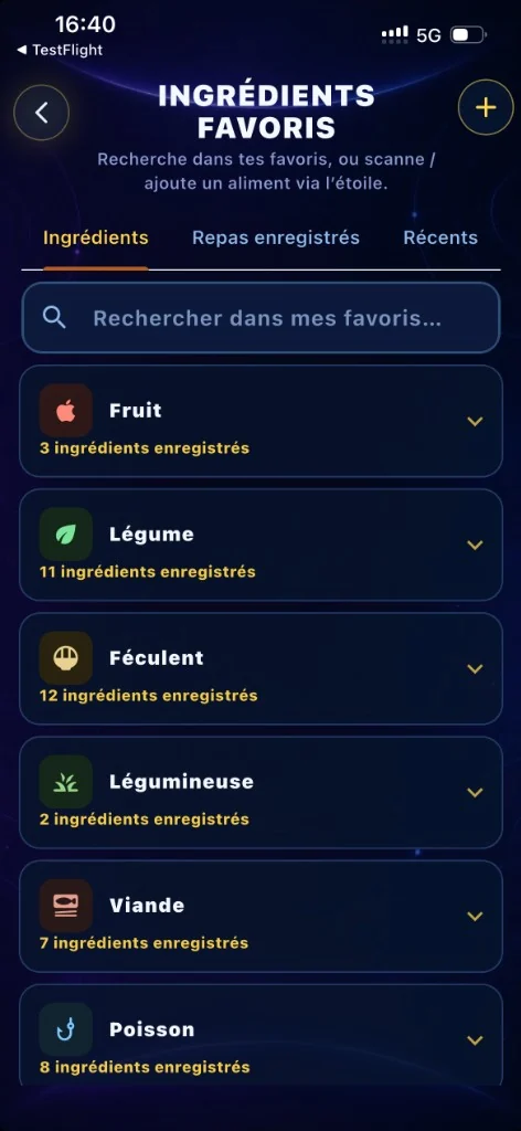 Écran Orion : ingrédients favoris classés par catégories