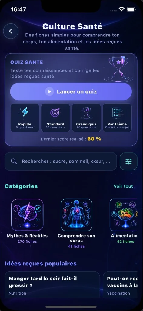 Écran Orion : Culture Santé, quiz et catégories de fiches