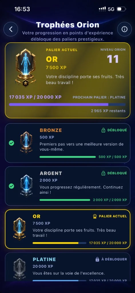 Écran Orion : trophées et paliers XP selon l’usage, pour le fun