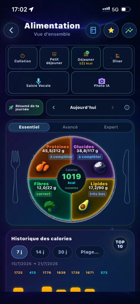 Écran Orion Alimentation en mode Essentiel : calories et macros principaux