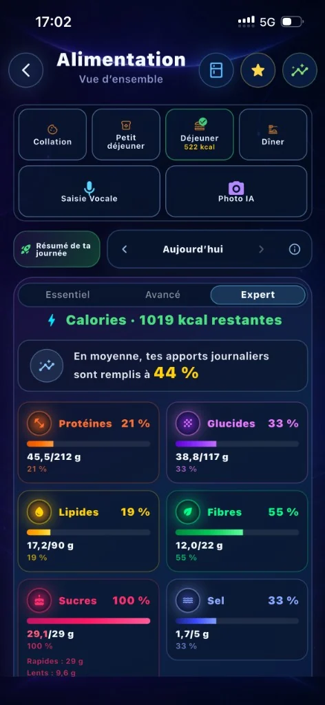 Écran Orion Alimentation en mode Expert : sel et micronutriments