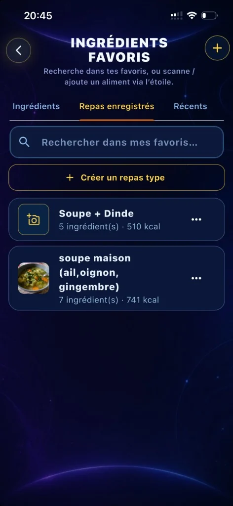 Écran Orion : repas types enregistrés pour les recomposer rapidement