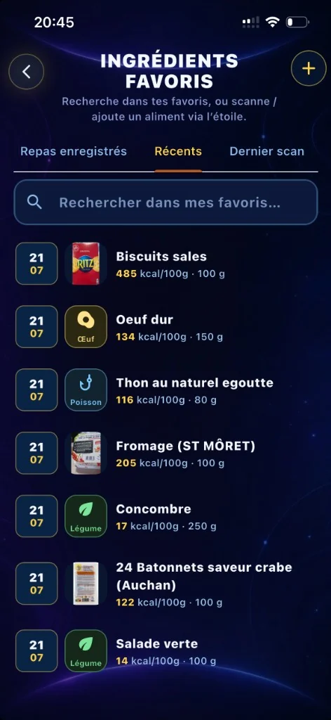 Écran Orion : ingrédients récemment utilisés ou scannés