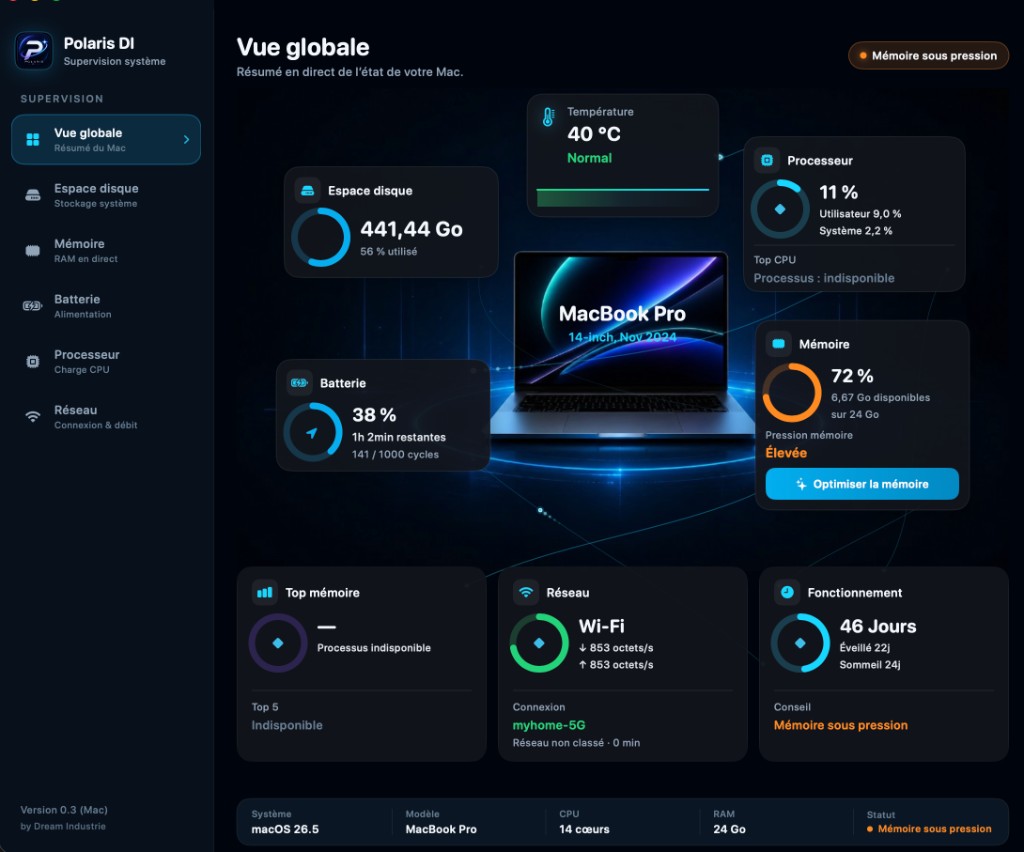 Capture Polaris DI : vue globale de supervision système macOS