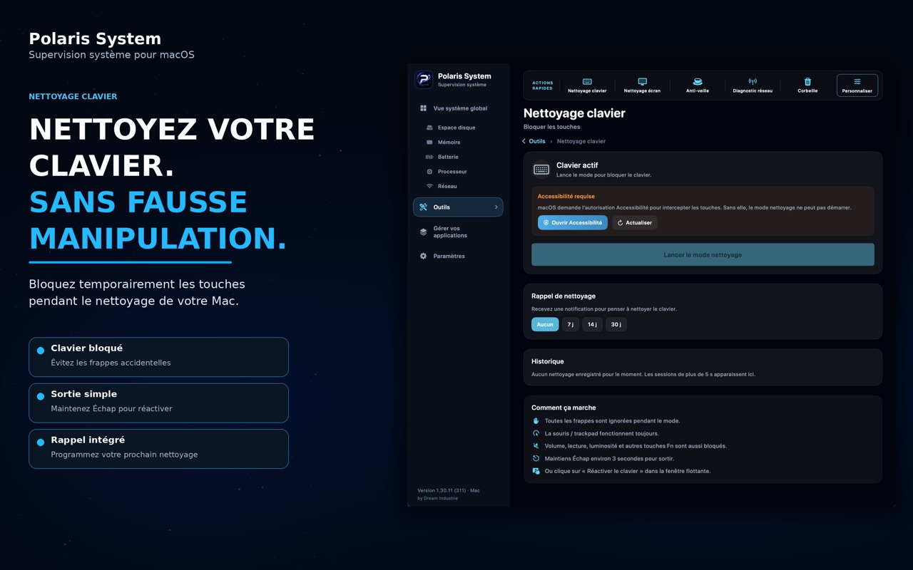 Capture App Store Polaris : barre des menus — métriques et actions rapides